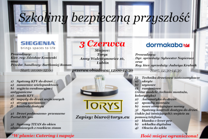 baner z informacją o szkoleniu firmy SIEGENIA i DORMAKABA dnia 3 czerwca